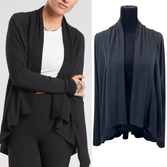 Athleta Nirvana Wear Two Ways Wrap Cardi Cardigan Black Athleisure Witchy - Picture 1 of 12